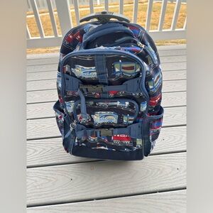 Pottery Barn Kids Rolling Backpack Blue Trains Trucks Roller School Travel Bag